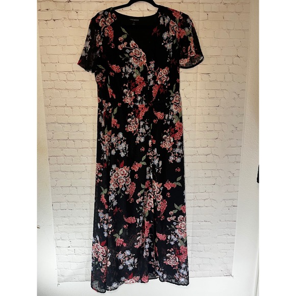 Lane Bryant Black Floral Swiss Dot Flutter Sleeve Button Front Midi Dress 14 - Picture 2 of 7